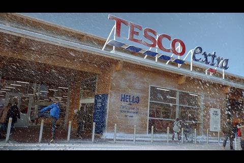 Tesco's 'snow' covered store in Newmarket, where the Christmas adverts were filmed